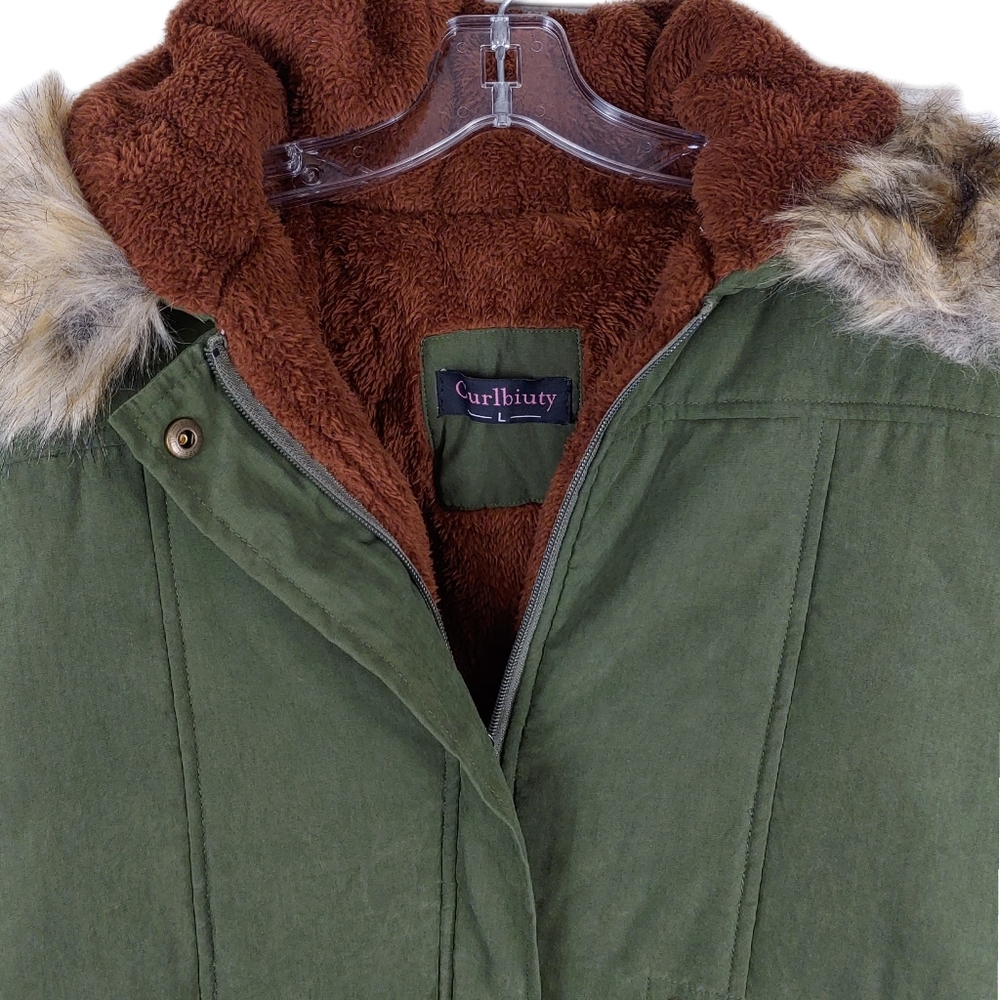 Curlbiuty Womens Dark Olive Winter Faux Fur Lining  Parka NWT Sz S - Picture 6 of 12